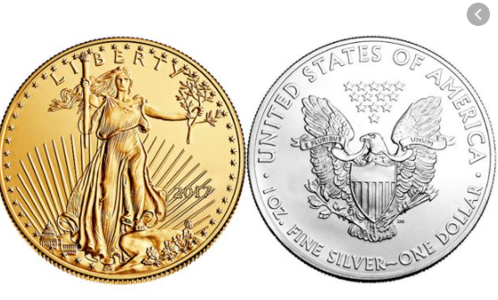 Gold coin with Liberty figure, silver coin with eagle and shield.