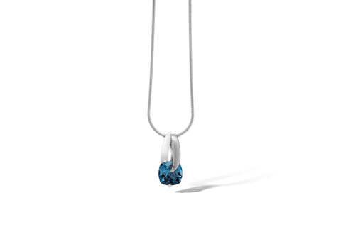 Silver pendant necklace with a blue gemstone.