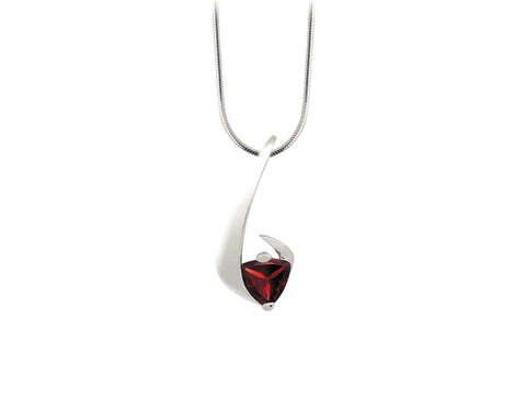 Silver necklace with a red triangular gemstone pendant.