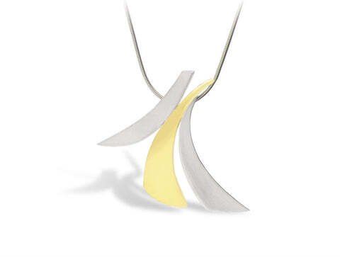 Silver necklace pendant with two curved silver pieces and a gold piece, on a silver chain.