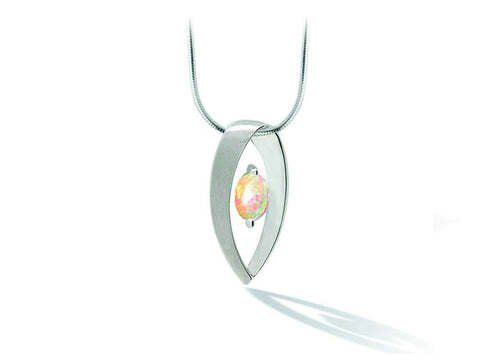 Silver teardrop pendant with a pearlescent opal, on a silver chain.