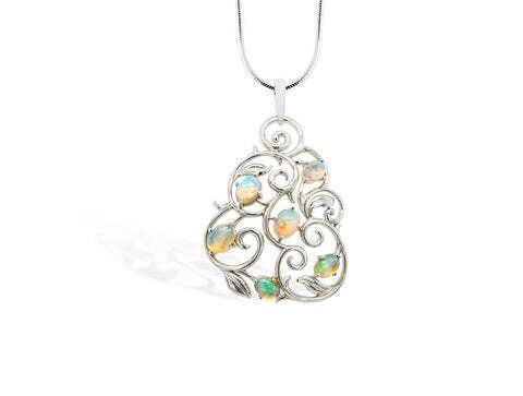 Silver pendant necklace with opal gemstones.