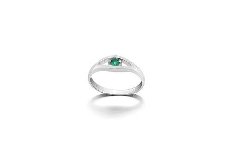 Silver ring with a small, green square gemstone centered in the band.