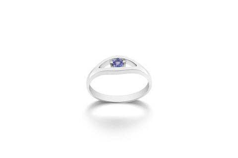 Silver ring with a small, round, purple gemstone set in the center.