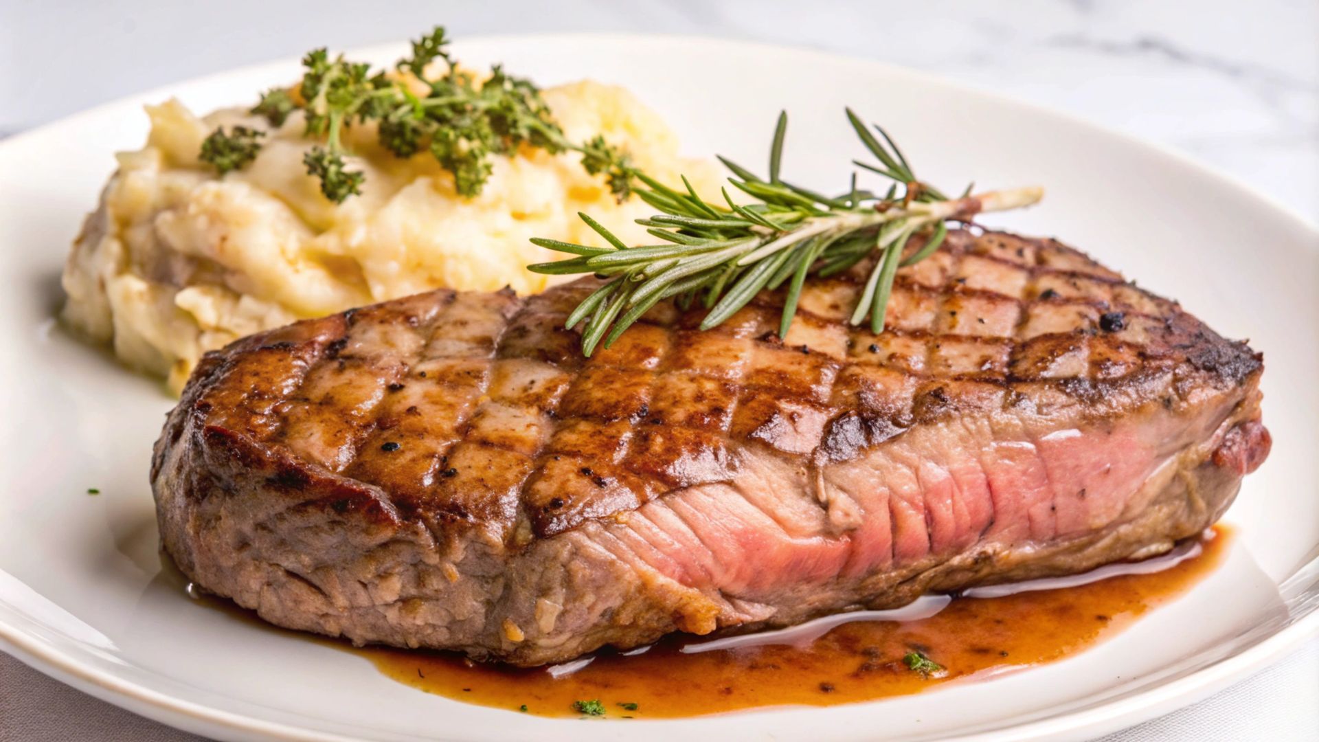 Bistecca alla griglia con purè di patate su un piatto bianco, guarnita con erbe aromatiche e salsa.