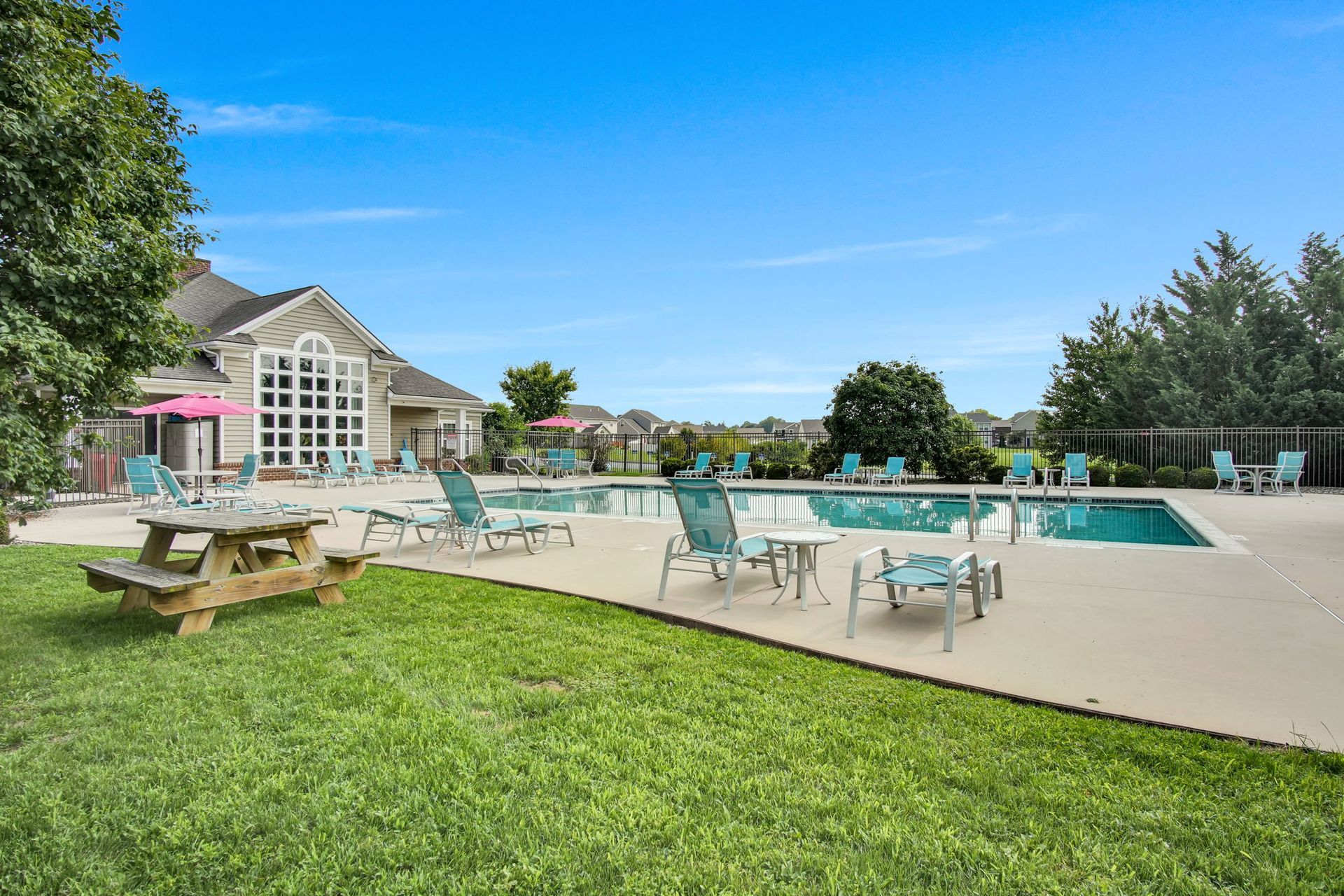 Backyard pool with patio seating, picnic table, and a house under a blue sky