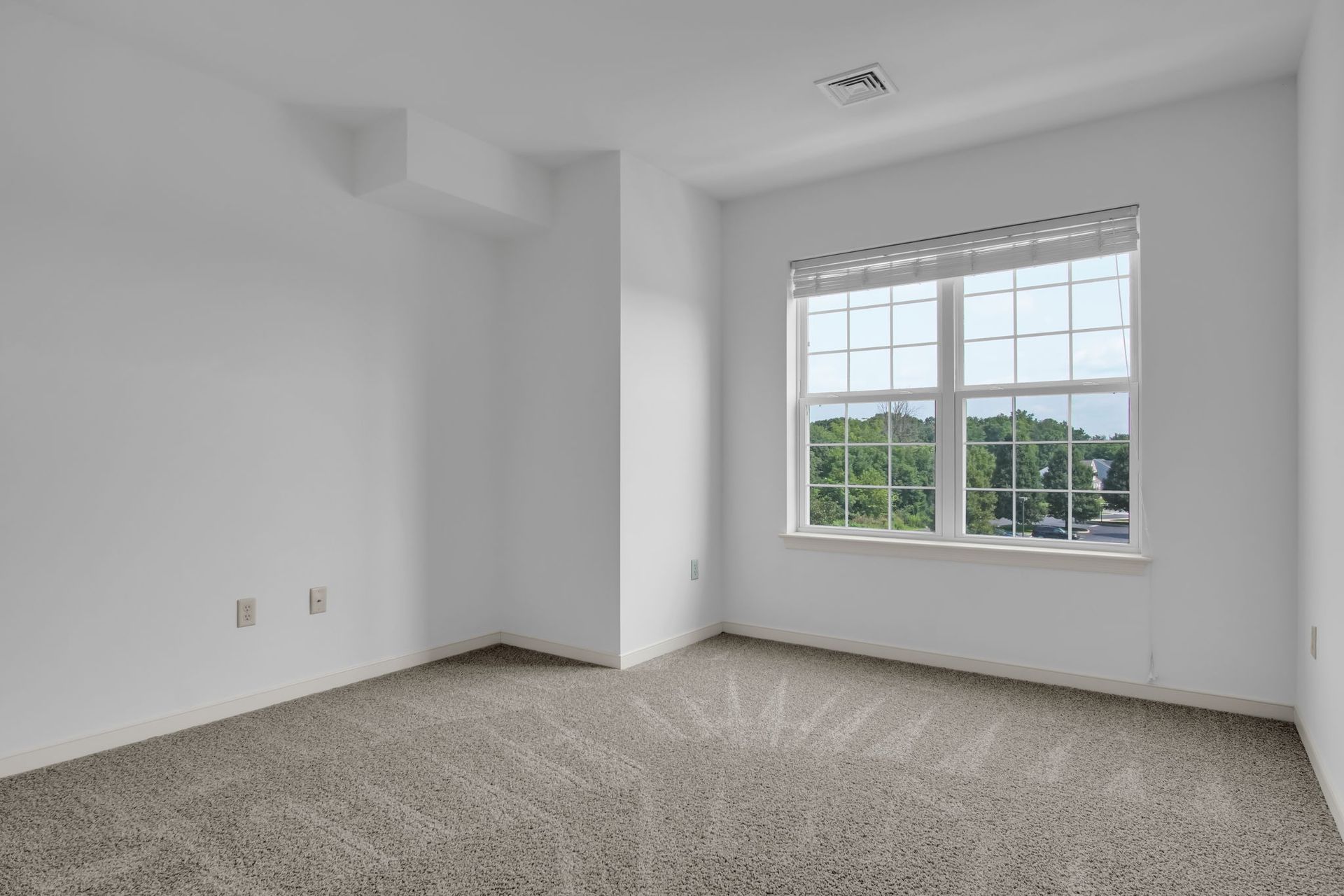 Empty beige-carpeted room with white walls and a large window overlooking trees
