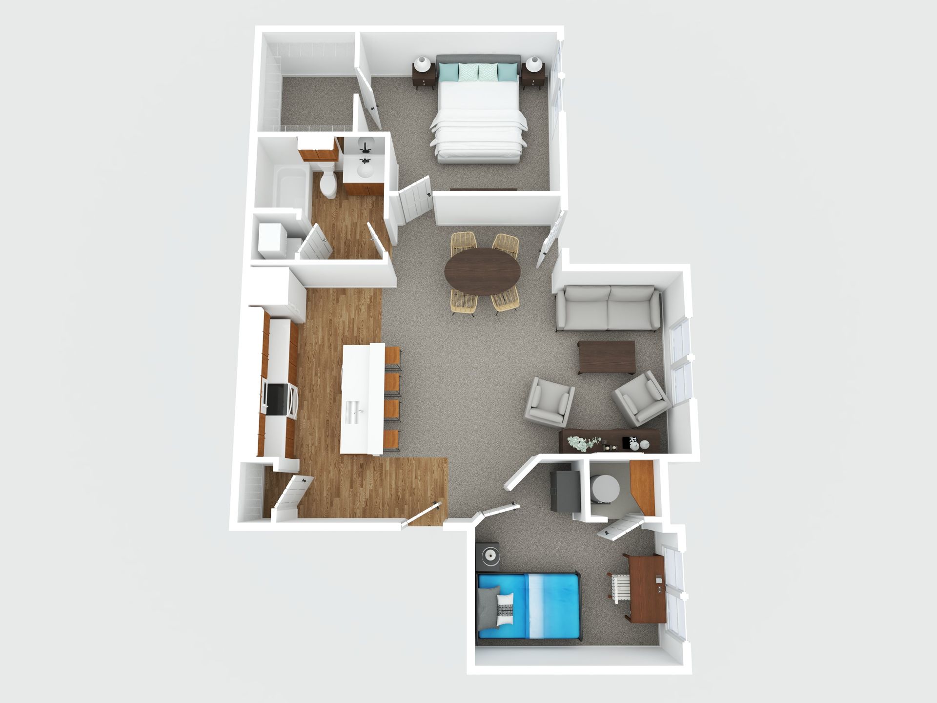 Top-down floor plan of a small apartment with bedroom, kitchen, bathroom, living area, and balcony.