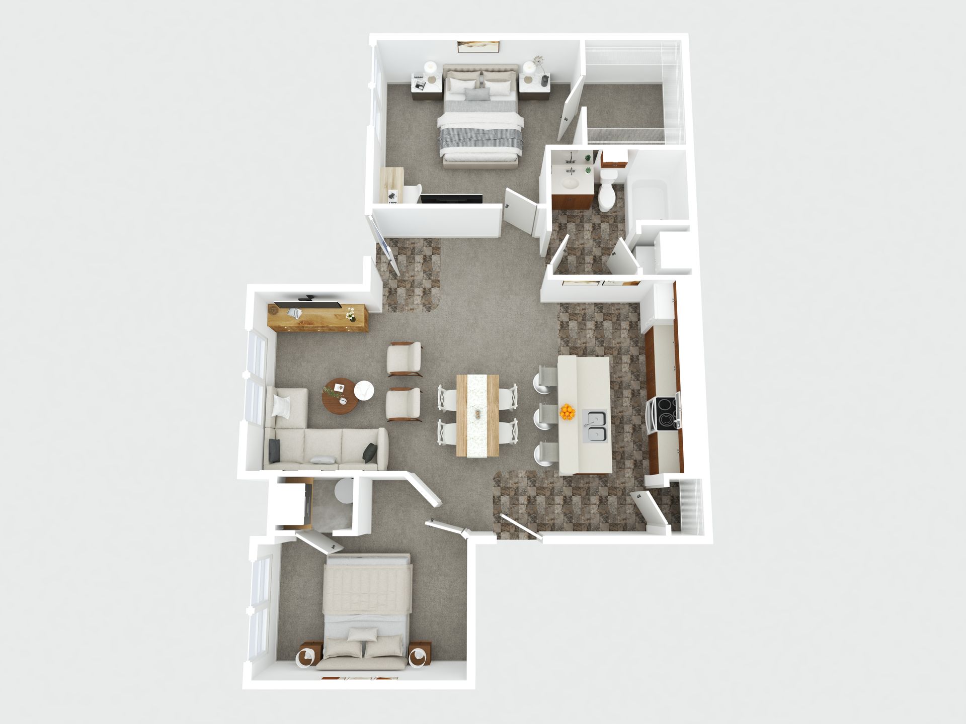 Top-down 3D apartment floor plan with bedroom, bath, kitchen, dining area, and living room.
