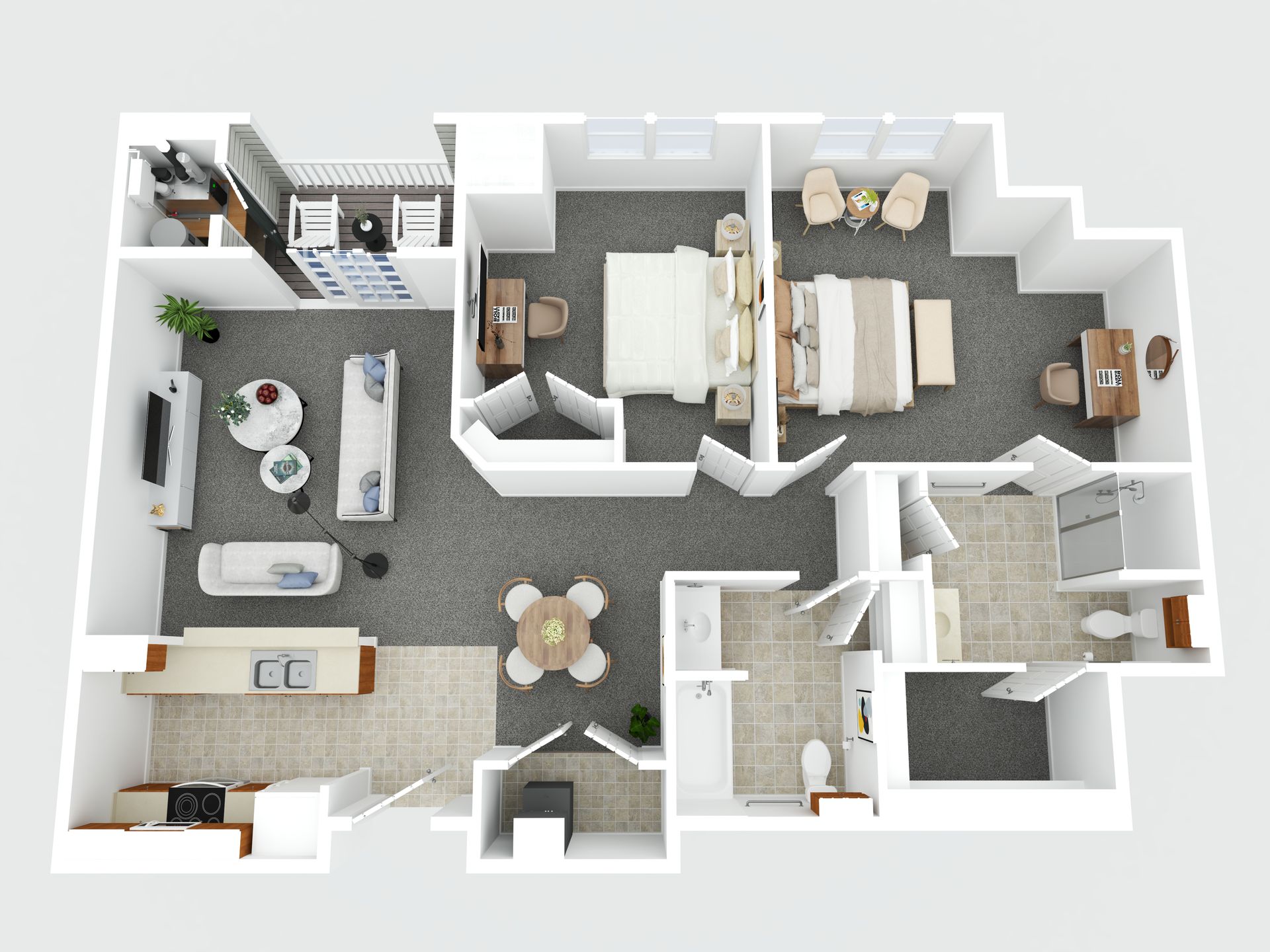 3D top-down floor plan of a furnished apartment with living room, kitchen, bedroom, and bathroom
