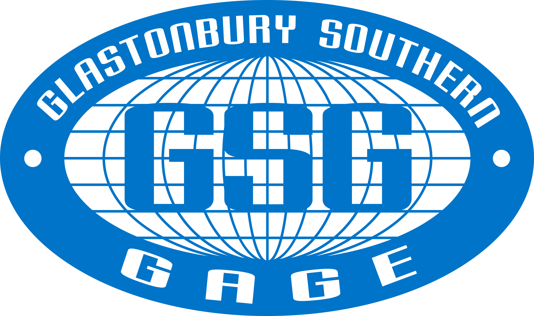A blue and white logo for glastonbury southern gage