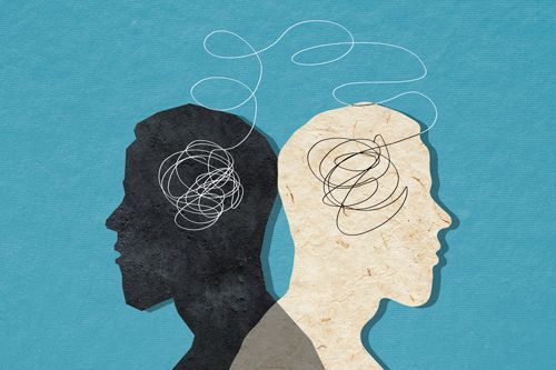 Two connected silhouettes of the same man looking in different directions Two connected silhouettes of the same man looking in different directions