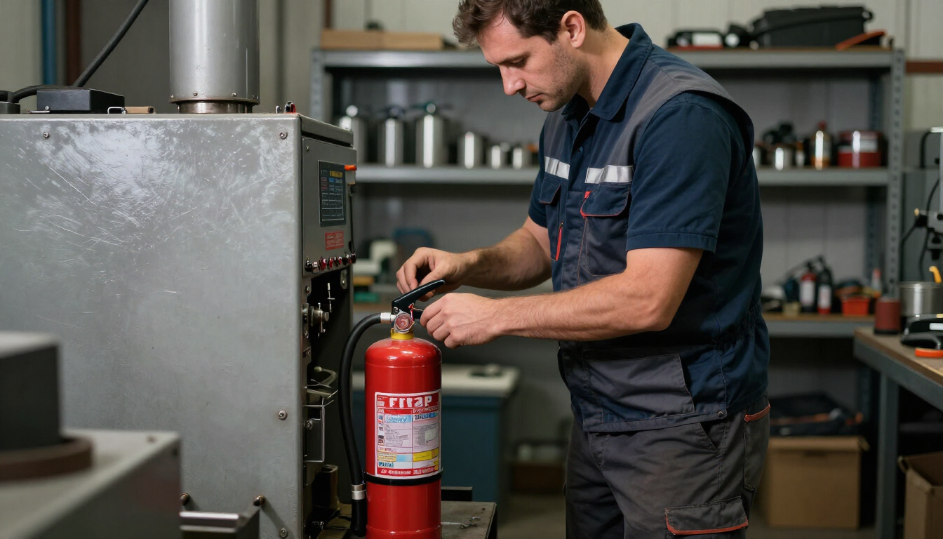 Técnico realizando mantenimiento de matafuego en taller industrial