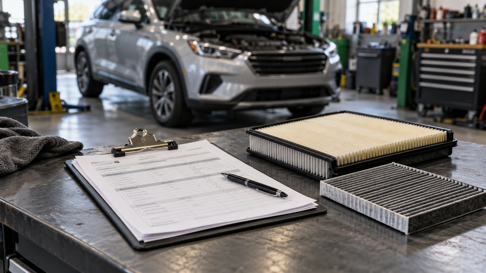 Vehicle service records and air filters on a workbench, with a vehicle in the background.