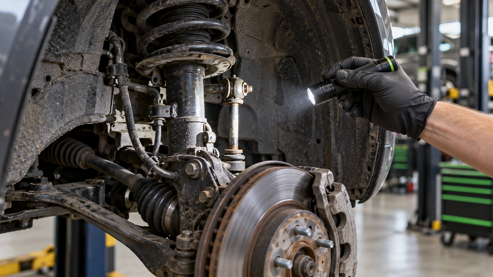 Technician inspecting a vehicle’s front suspension with the wheel removed to investigate a clunking