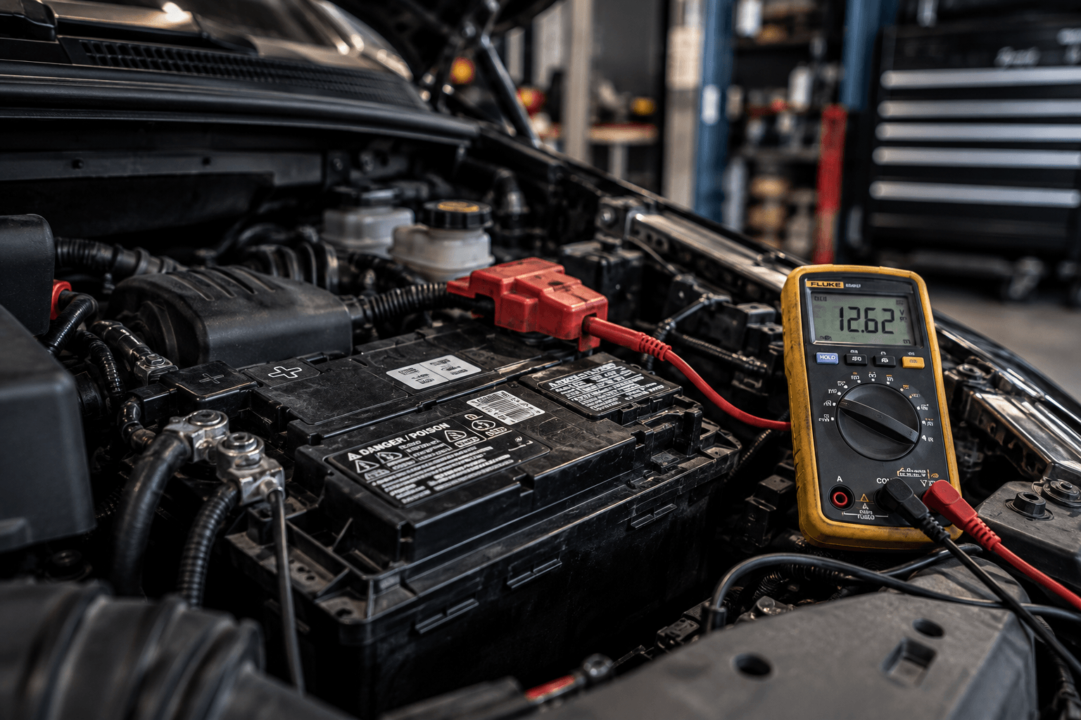 Car battery voltage being checked with a digital multimeter.