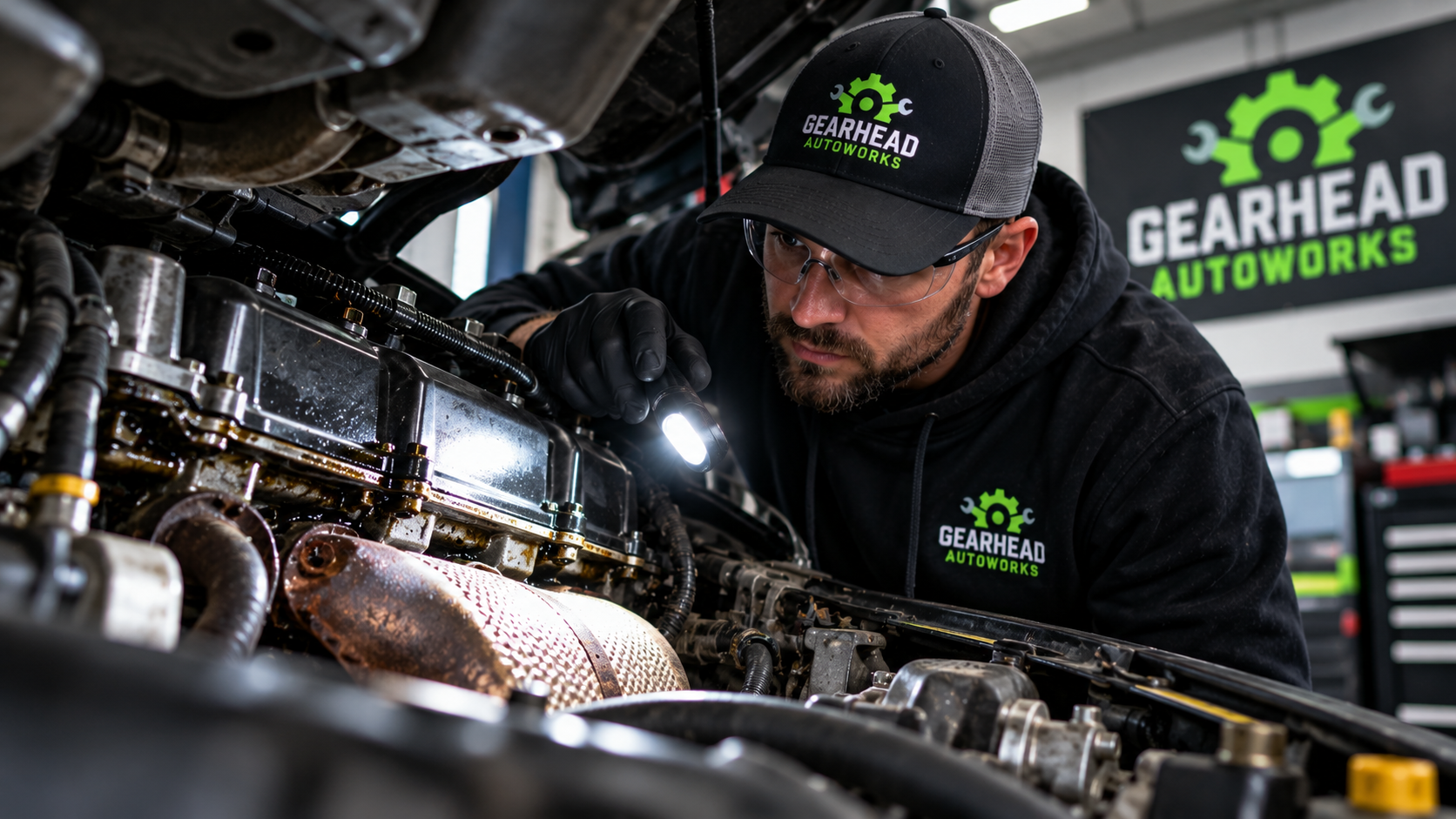 Gearhead Autoworks technician inspecting an engine oil leak near the exhaust in Maize, Kansas.