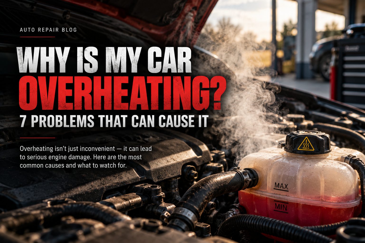 Overheating car engine with steam rising from the cooling system and coolant reservoir
