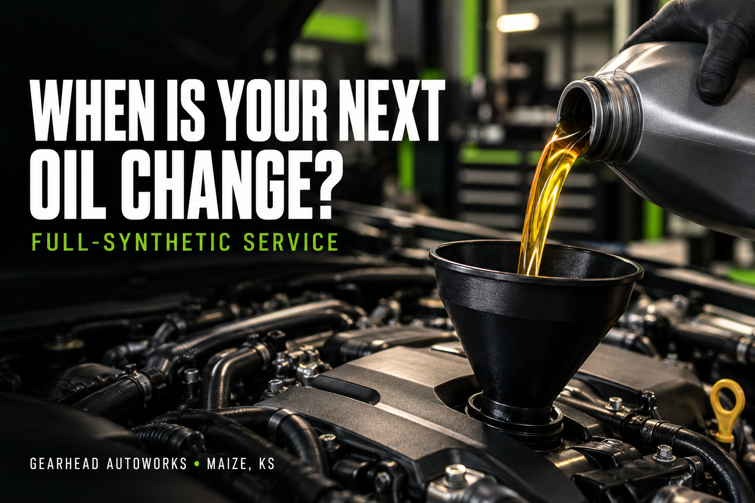 Fresh motor oil poured into an engine during a full-synthetic oil change at Gearhead Autoworks in Ma