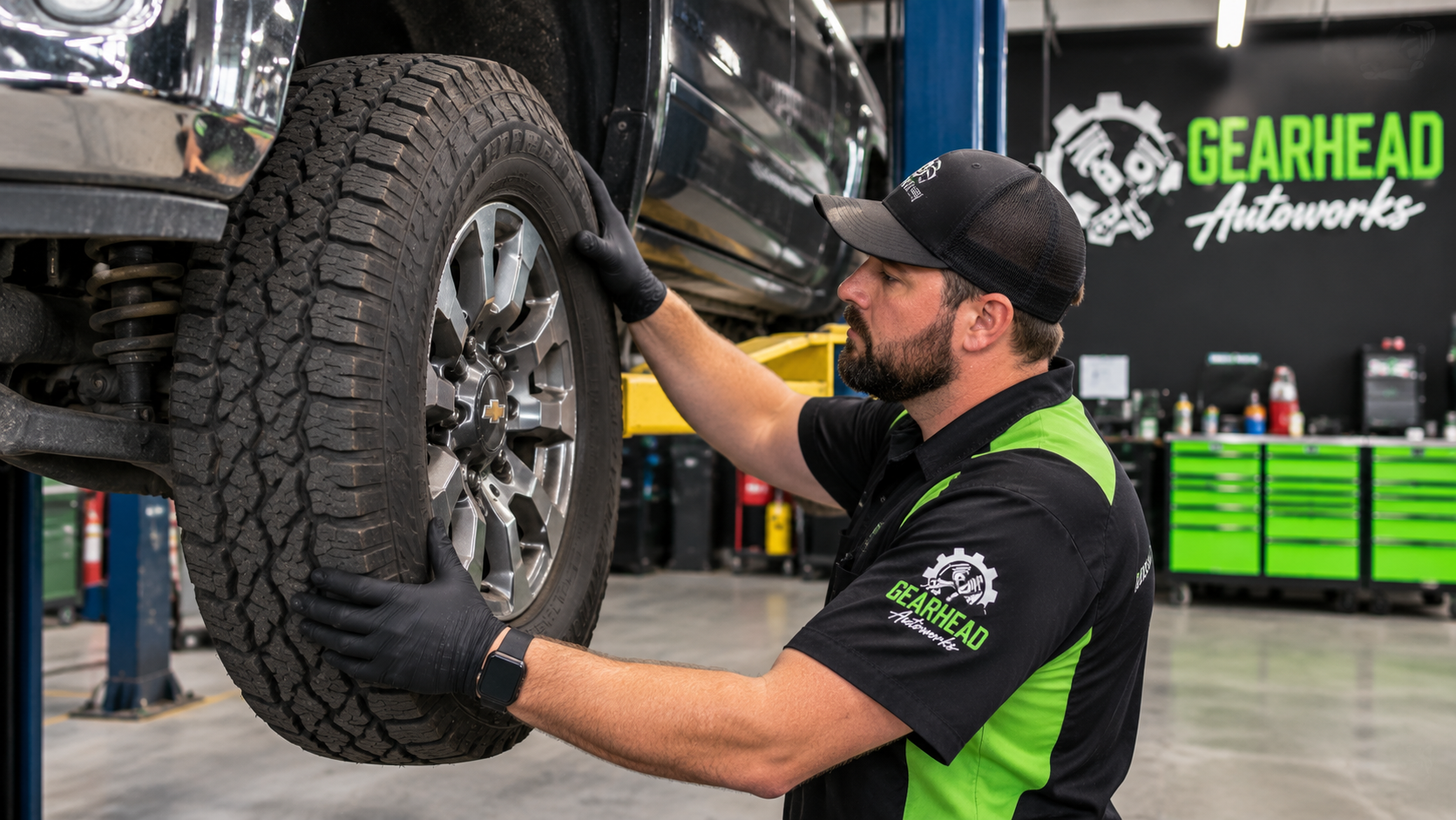 Gearhead Autoworks technician inspecting a pickup truck wheel and tire for highway-speed vibrations 