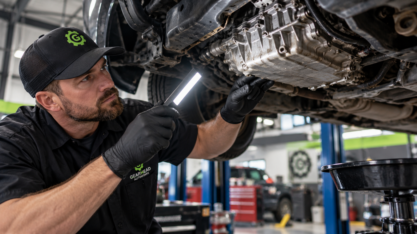 Gearhead Autoworks technician inspecting an automatic transmission on a lift in Maize, Kansas.