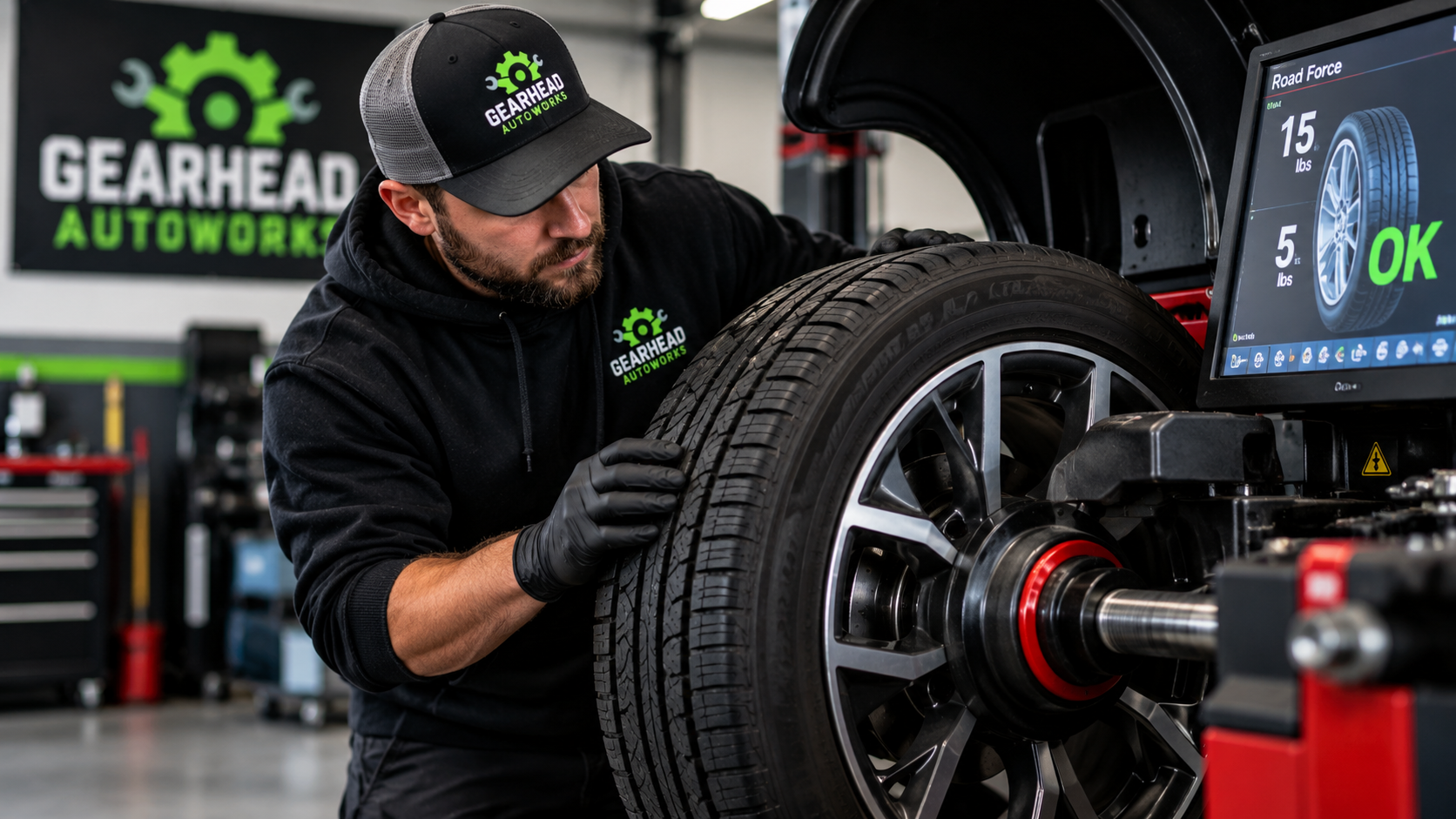 Technician performing Road Force tire balancing at Gearhead Autoworks in Maize, KS.
