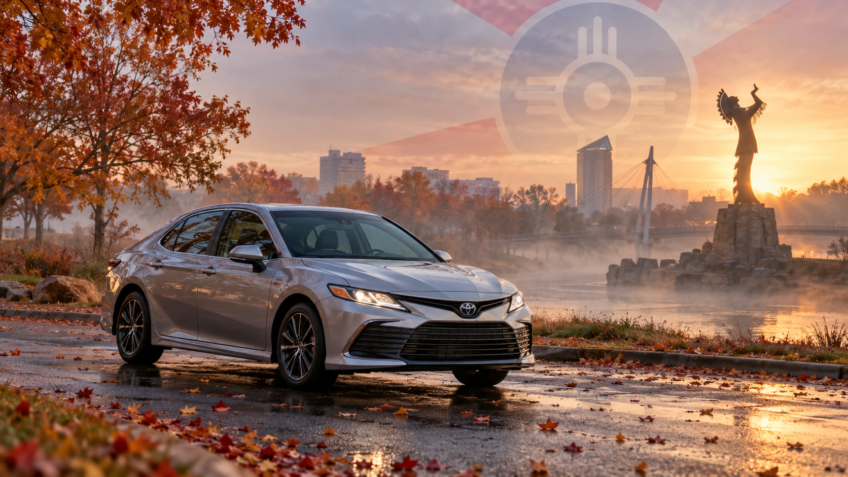 Silver Toyota Camry on a foggy fall morning in Wichita, with autumn leaves, the Keeper of the Plains