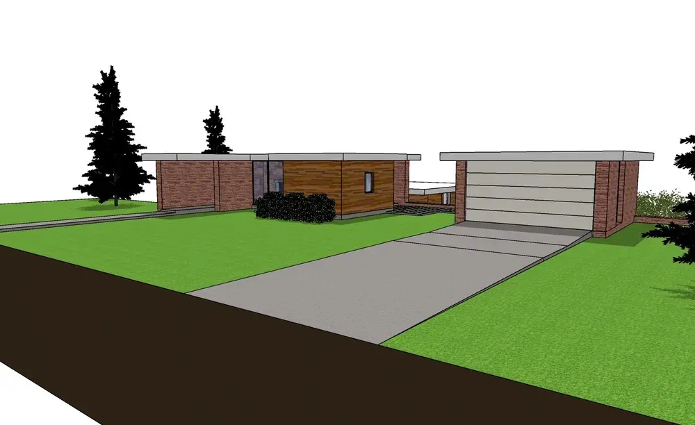 Suburban house with brick walls, detached garage, and a concrete driveway on a grassy lot