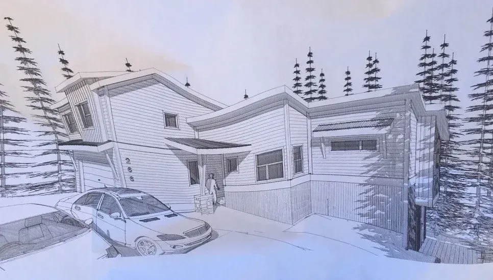 Snow-covered house and car in a winter landscape with tall pine trees nearby