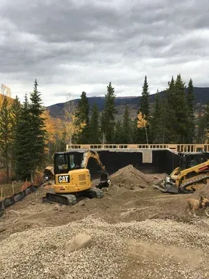 Two yellow excavators at a dirt construction site with a dump truck and pine trees in the background