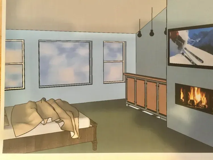 Stylized living room with couch, fireplace, wall art, and hanging lights
