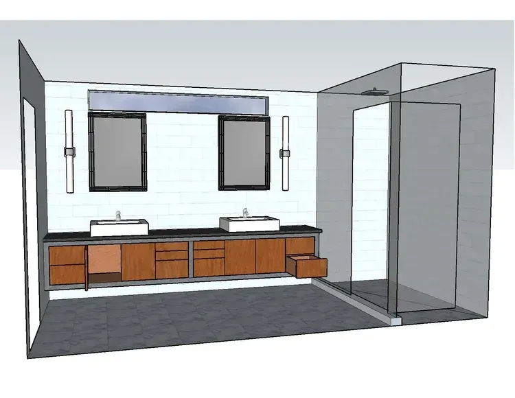 Modern bathroom with double vanity, mirrors, wall lights, and a glass shower enclosure.
