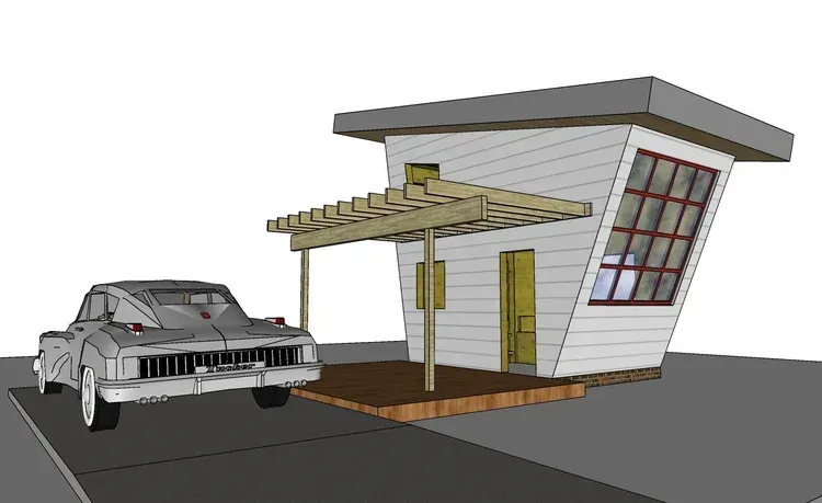 Tilted modern house with a car parked under a small pergola on a paved driveway.