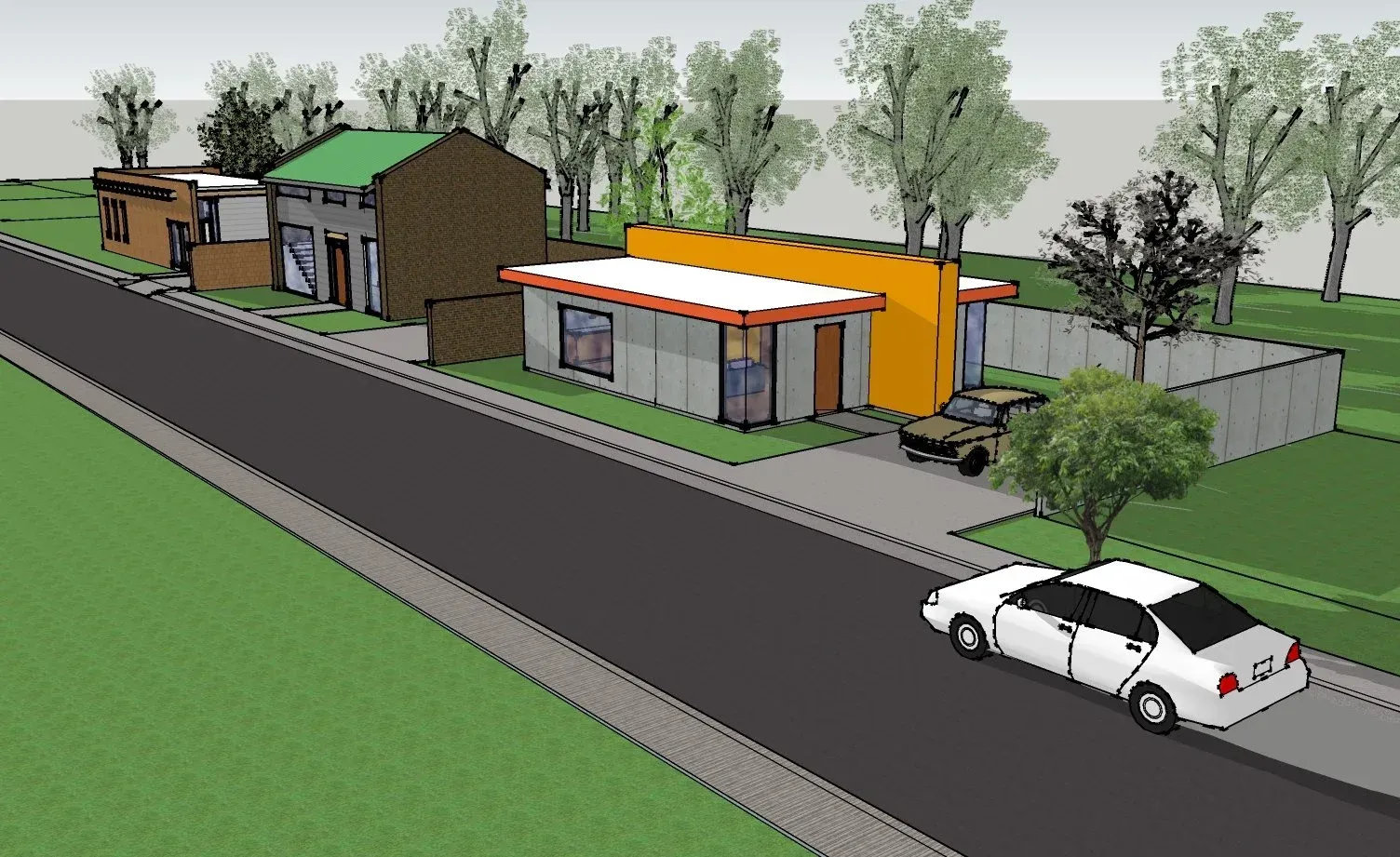 Street view of small houses and storefronts with parked cars along a roadside, rendered in 3D.