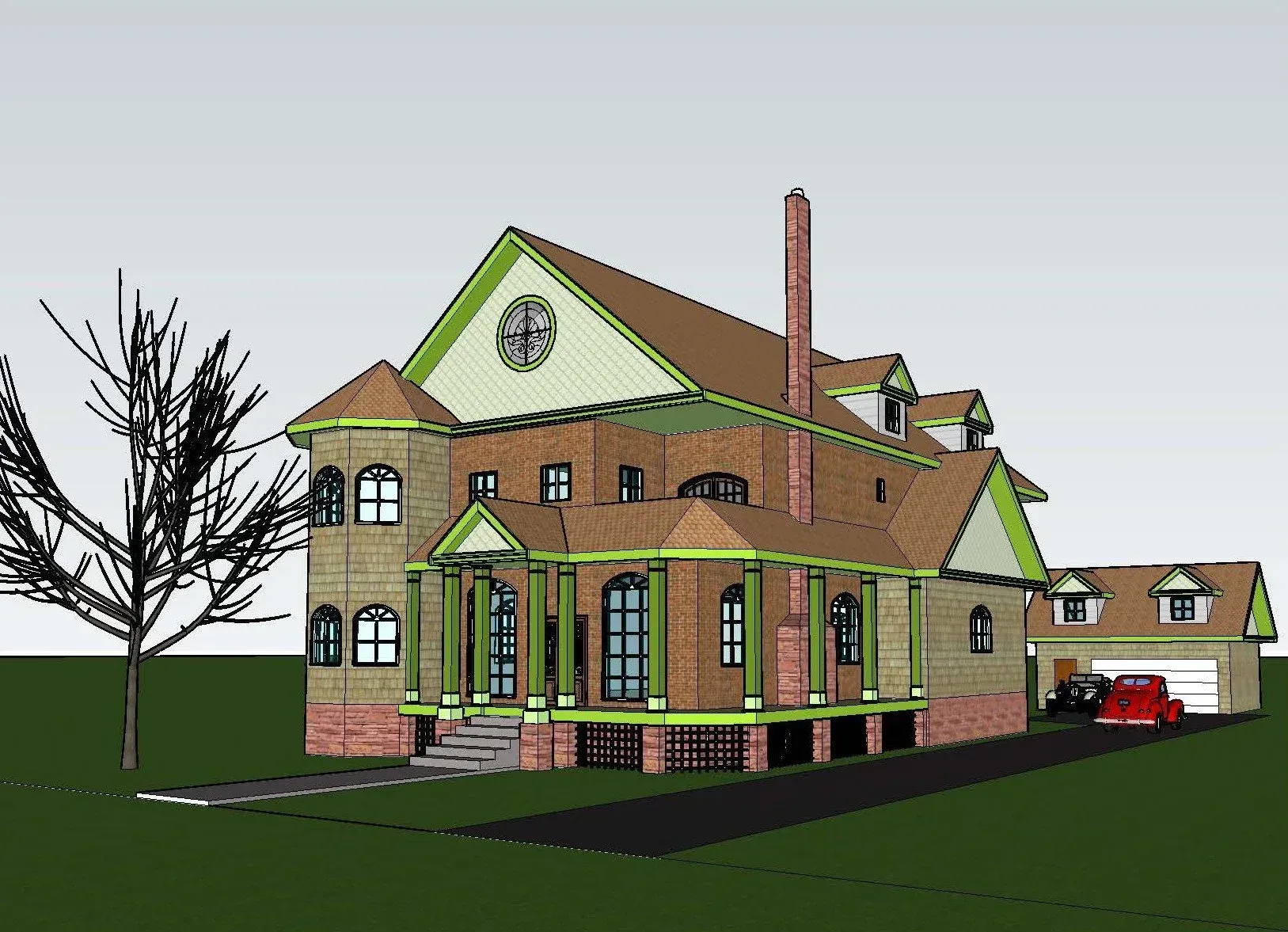 Large brick house with green trim, a tall chimney, and a detached garage in a yard with bare trees.