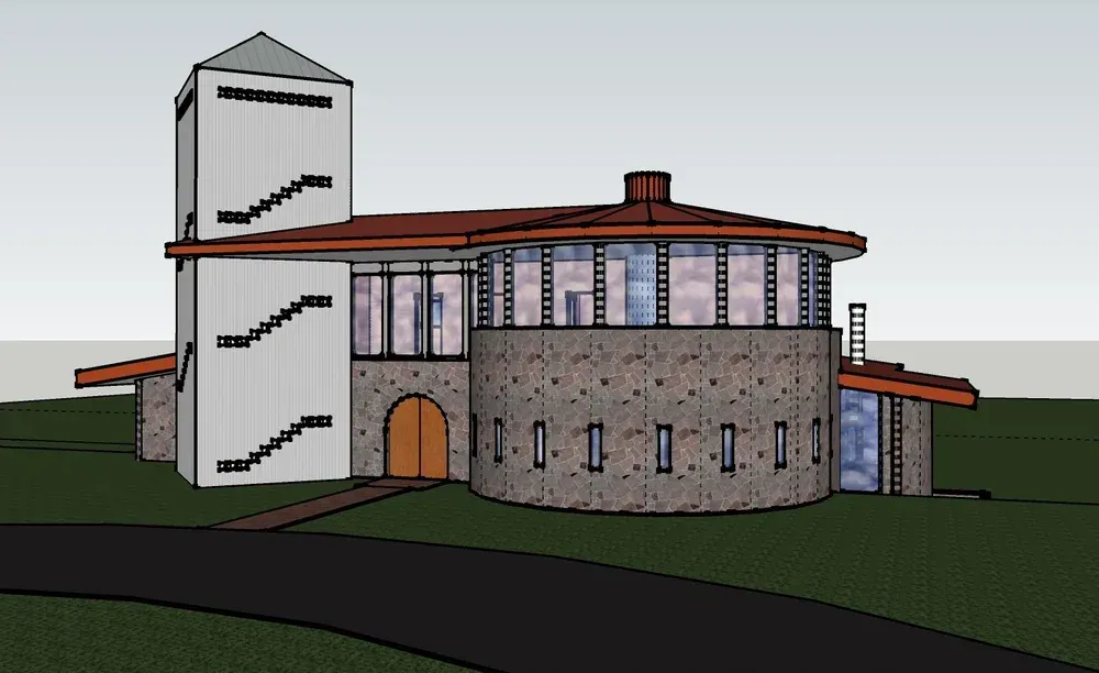3D rendering of a modern brick building with a white stair tower and red roof, on a grassy hillside