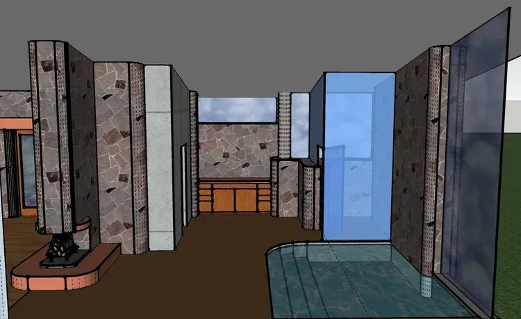 Modern interior with stone pillars, brown floor, blue glass wall, and a small brick counter.