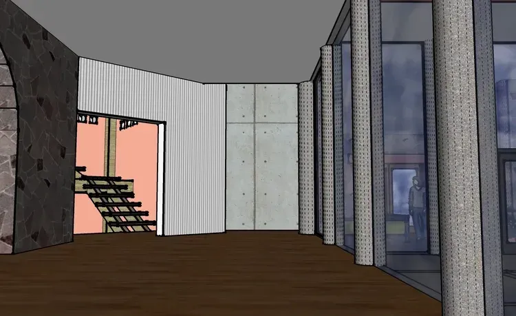 Modern interior hallway with wooden floor, glass walls, and stairs leading to a pink-lit room