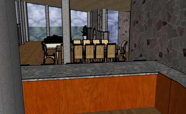 Modern dining area with a table, chairs, and large windows overlooking a landscape.