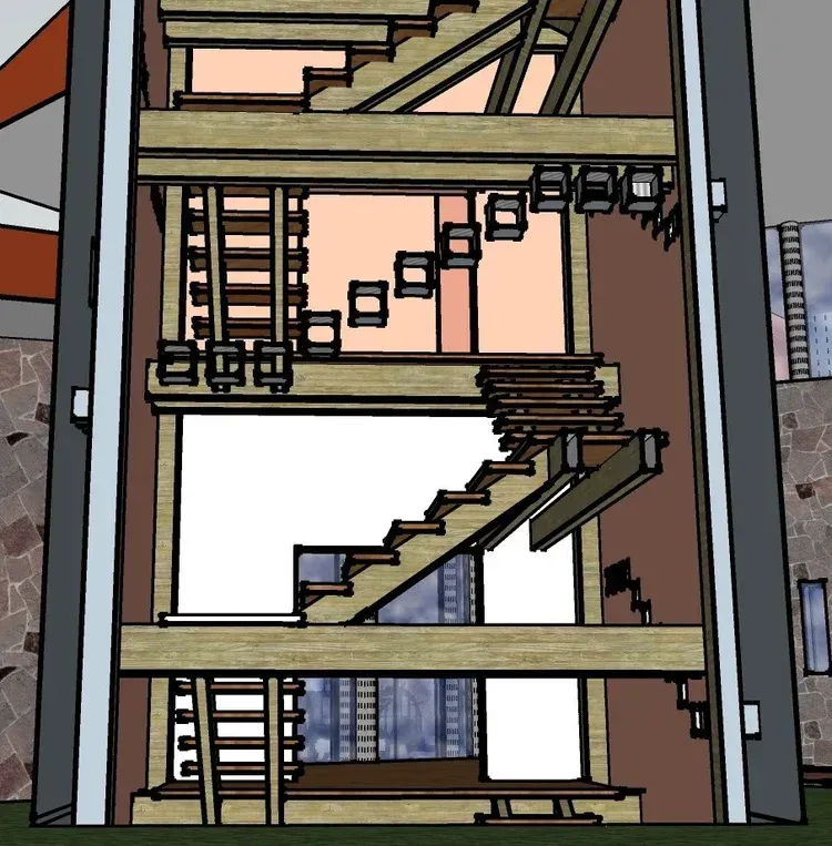 Sectioned building cutaway showing multiple staircases and ladders inside a framed structure.