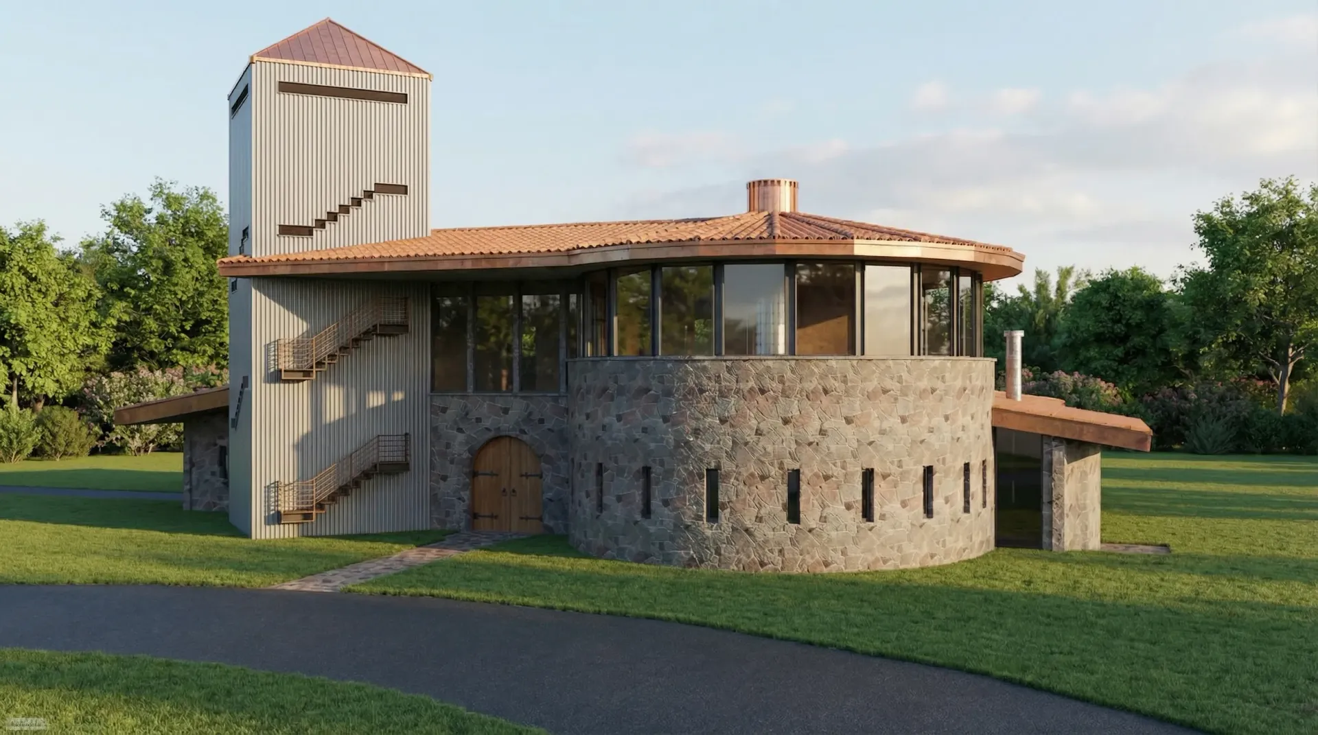 Stone house with red-tile roof and tower beside a grassy field under a clear sky