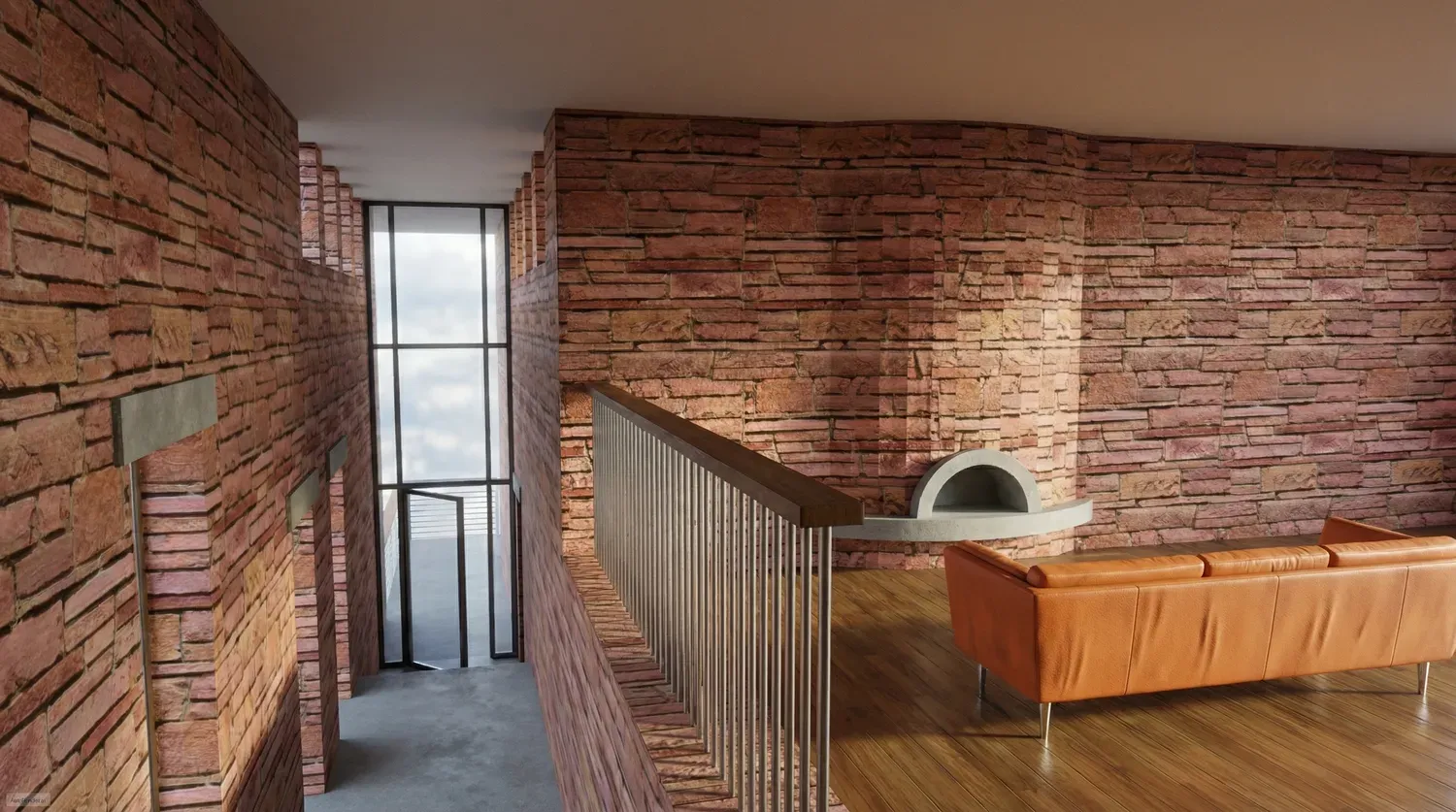 Brick loft interior with wooden stair railing, floor-to-ceiling window, and sofa by a curved wall fireplace