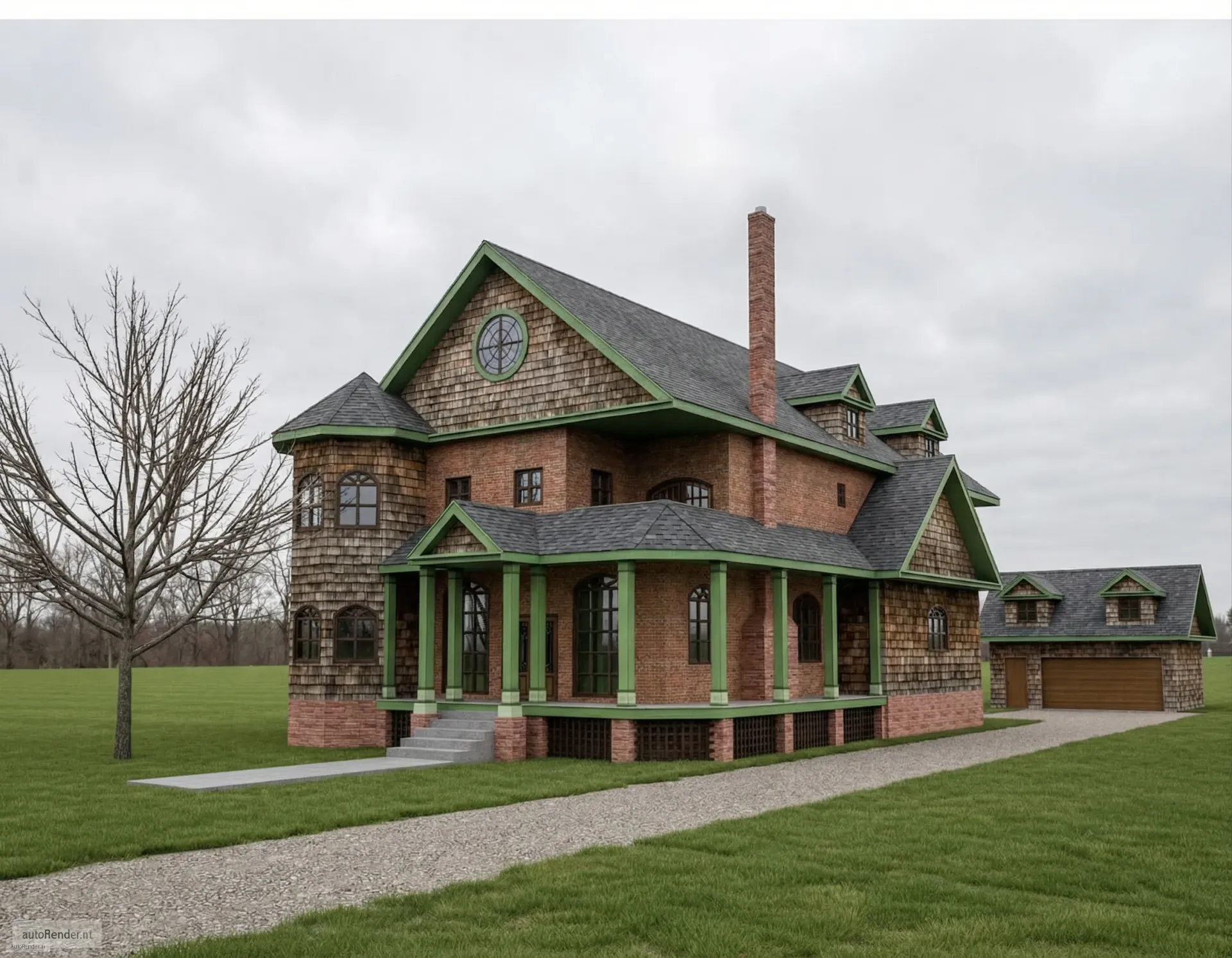 Stone house with green trim and a gravel path in a grassy yard under a cloudy sky