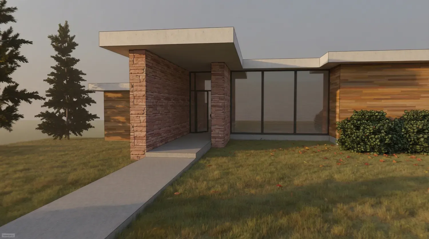 Modern brick house entrance with glass doors, concrete walkway, and grassy yard at dusk