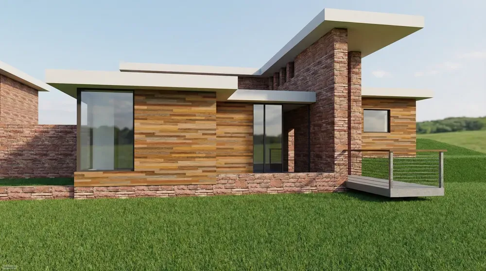 Modern single-story house with wood and brick exterior, large windows, and a green lawn.