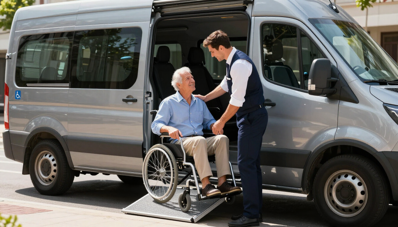 Luxury accessible shuttle with ramp and chauffeur assisting a senior passenger.