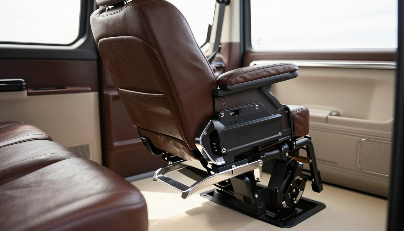 Interior of a luxury accessible van with wheelchair locking mechanism