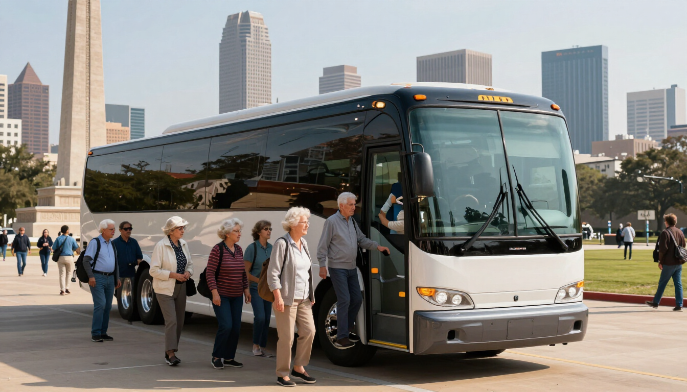 Modern charter bus in Houston with accessibility features