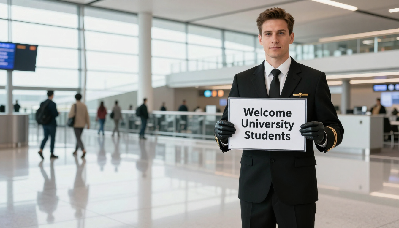 A professional driver greeting students at Houston airport.