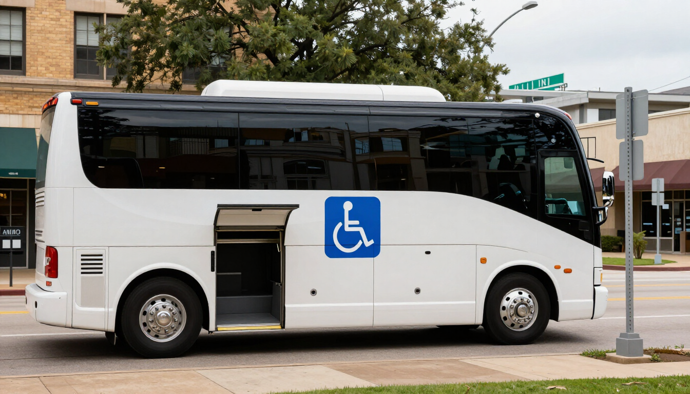 Modern white luxury charter bus with ADA accessibility signage in Houston.